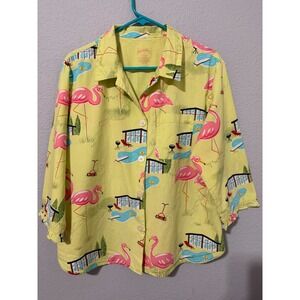 Nick & Nora Flamingo Pajama Top Large MCM Pool Print Cotton Yellow Novelty